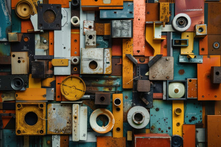 A conceptual photograph featuring salvaged parts arranged in a visually appealing pattern, emphasizing their colors and designs. --ar 3:2 --v 6 Job ID: 18aca880-ed53-4202-a328-2526777cb66fの素材