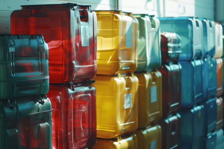 A captivating image of assorted petroleum containers with technical labels overlayed, symbolizing the petroleum wholesaling process. --ar 3:2 --v 6 Job ID: ab6fc607-9cf3-4b7d-8ca1-829cb11a15b2の素材