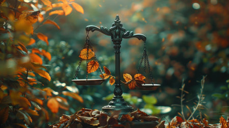 An artistic arrangement of the scales of justice partially covered by leaves, with a blurred background of vibrant foliage, highlighting the theme of balance in a captivating way, ideal for artistic interpretations of law and nature, --ar 16:9 --v 6 Job ID: def79fef-ab68-4f26-b27e-7a05ed3b2911の素材