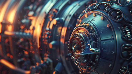 A close-up of a connector or valve on an aircraft engine, showcasing intricate details and textures, with soft lighting that enhances the visual appeal. --ar 16:9 --v 6 Job ID: a9ec0884-5682-427d-a6e8-9be76069f768の素材