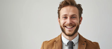 An approachable man with a bright smile, dressed in a smart blazer and tie, set against a clean white background, allowing for ample copy space on the left, perfect for corporate communications or profile pictures, --ar 16:7 --v 6 Job ID: eb5eaa05-f967-4295-8481-3383e78715b9の素材