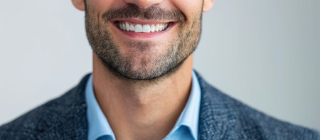 An approachable man with a bright smile, wearing a fitted blazer and dress shirt, set against a clean white background, allowing for clear copy space on the left, perfect for professional headshots and business profiles, --ar 16:7 --v 6 Job ID: 8fc0b196-a081-4ca5-bc1f-3425ebe8cee8の素材