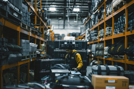 A candid shot of a worker preparing sporting goods for shipping, surrounded by stacks of equipment, emphasizing the logistics involved. --ar 3:2 --v 6 Job ID: b79df930-b234-422e-ba2c-73866262cf69の素材