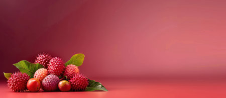 An artistic collection of exotic fruits like lychee and rambutan, positioned on the left with clear copy space on the right, set against a gradient background from soft pink to deep red, ideal for culinary and cultural themes, --ar 16:7 --v 6 Job ID: a877f373-9701-4221-b113-346d5545bd56の素材