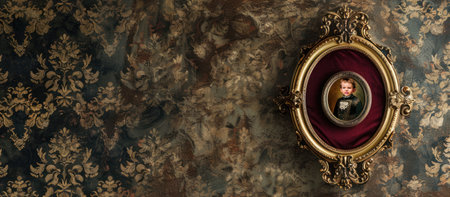 An ornate vintage frame mockup with gold detailing, showcasing a family portrait, set against a luxurious velvet backdrop to emphasize elegance, --ar 16:7 --v 6 Job ID: 46370f3b-ad5f-46e0-b9b1-311af65b6bbaの素材