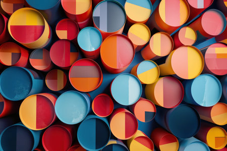 A conceptual photograph featuring chemical drums arranged in a visually appealing pattern, emphasizing their shapes and colors. --ar 3:2 --v 6 Job ID: d770404b-86a3-496f-8271-f498e9b0330fの素材