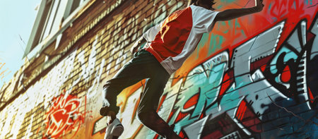 An athletic jersey mockup with a dynamic action pose, displayed against an urban backdrop with graffiti art to attract streetwear fans, --ar 16:7 --v 6 Job ID: a78a09ba-76b4-4d4f-97c2-73107023d93aの素材