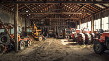 A bright and airy photograph of a spacious storage yard filled with farming machinery, creating a welcoming and organized atmosphere. --ar 16:9 --v 6 Job ID: 472f42b5-a4a9-454a-b100-9846f29dd208の素材