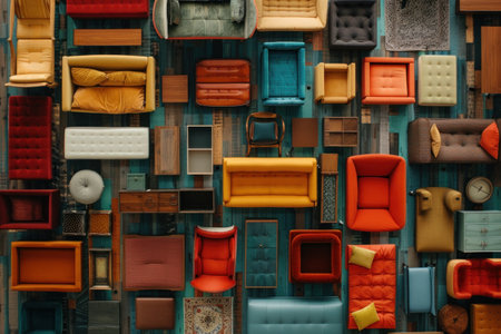 A conceptual photograph featuring furniture arranged in a visually appealing pattern, emphasizing their colors and designs. --ar 3:2 --v 6 Job ID: 42cd2905-7609-467e-a270-dcd65a837154の素材