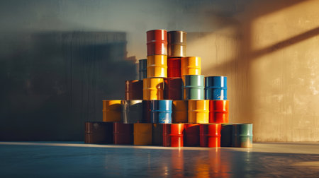 A beautifully lit photograph of chemical drums stacked against a simple backdrop, showcasing their design and texture in an inviting way. --ar 16:9 --v 6 Job ID: 4beaa9c5-3f92-4349-94fe-078c7223ffd6の素材
