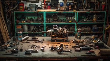 A beautifully lit photograph of a disassembled aircraft engine on a workbench, showcasing the individual parts and their arrangement, conveying a sense of order and precision. --ar 16:9 --v 6 Job ID: c9a84681-d17d-440d-aa84-8ee4587b18d8の素材