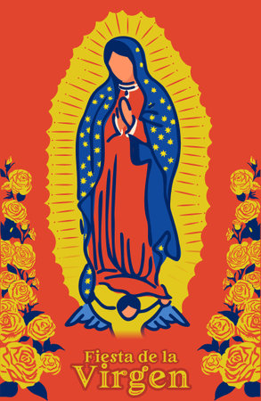 Our Lady of Guadalupe, Empress of America. Virgen de Guadalupe with a frame of roses. Feast of Our Lady. Feast of the Virgin. vector illustrationのイラスト素材