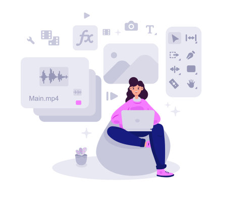 Woman animator sitting and creating video project at laptop. motion designer toolsのイラスト素材