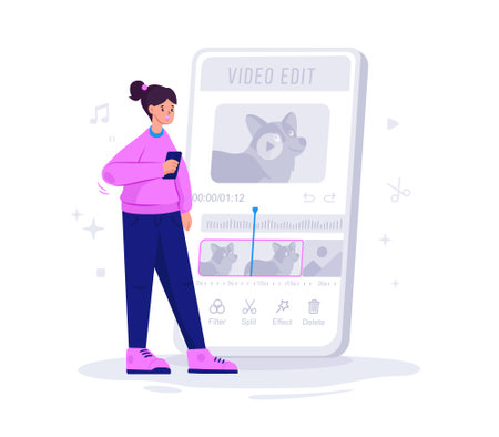 girl editing video in mobile appのイラスト素材