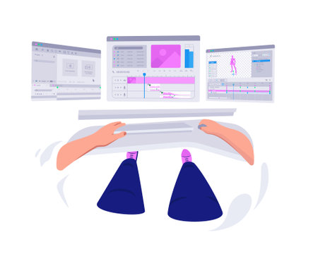 graphic motion designer with hands sitting at computer desk and creating project. First person viewのイラスト素材