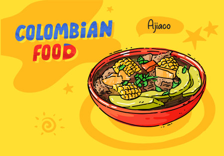 Colombian food. Ajiaco: Chicken, corn and potato soup. vector illustrationのイラスト素材