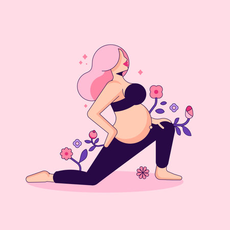 The Pregnant Girl stands in Vrikshasana Tree Pose. Minimalistic Geometric Woman. floral background. Balancing Asana. Yoga Exercise. Flat cartoon vector illustration with stroke.のイラスト素材
