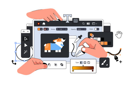 Ui Design Layout vector illustration with Hands. Tool for professional Digital Art in Raster Graphics Editing. Designer Dashboardのイラスト素材