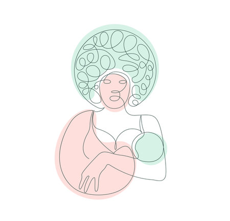 Breastfeeding African American Mother holding Baby in her arms in Lineart style. Woman Breast Feeding her newborn child. line art vector illustrationのイラスト素材