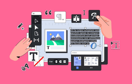Typographic Design Layout vector illustration with Hands. Tools for Page Layout and Publishing....