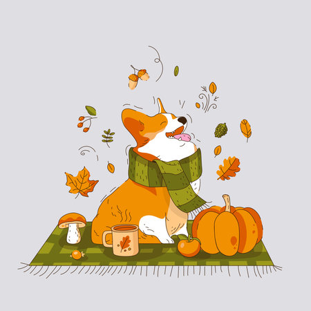 A Corgi Dog in a Scarf is Sitting on a blanket.. Picnic in Autumn style. vector illustration.のイラスト素材