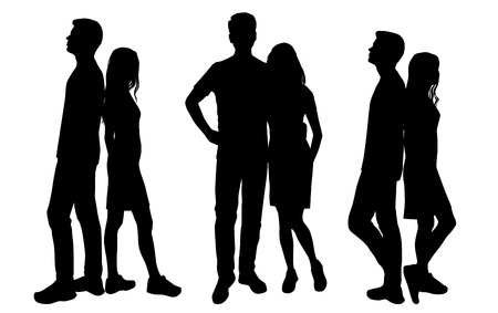Vector silhouettes men and women standing, business,  people, group, couple,  black color, isolated on white backgroundのイラスト素材