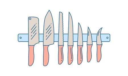 color set knives on magnet. set of butcher meat equipment for shop, packaging and design food themes. ?oncept of cooking courses, training, master classes for professionals and novice cooksのイラスト素材