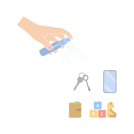 hand with a sanitizer disinfects keys, toys, wallet and phoneのイラスト素材