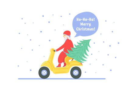 christmas card santa claus, scooter and treeのイラスト素材