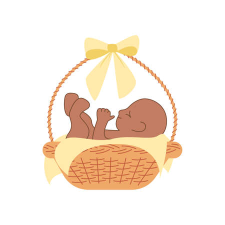 baby in basket with yellow bowのイラスト素材