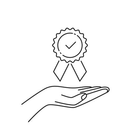 thin line hand giving award seal like result iconのイラスト素材