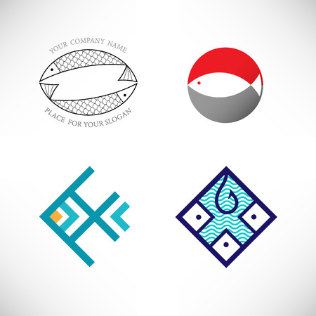 Set of creative icon in a flat style. Two fish in a linear style. Silhouette of a fish in a circle. Ornamental fish icon. Three fish and hook in the square on the background of water.のイラスト素材