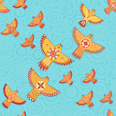 seamless pattern with stylized birds. Folk repeating texture. のイラスト素材