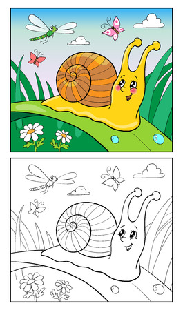 Coloring Book or Page Cartoon Illustration of Funny Snail and Insect for Children.のイラスト素材
