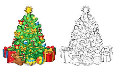 Coloring book or page, illustration. Christmas tree with decorations and gifts. Greeting card concept.のイラスト素材