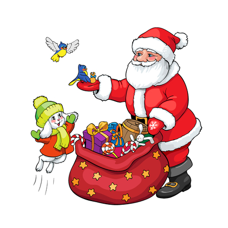 Coloring book or page. Santa Claus, rabbit and birds with Christmas gifts.のイラスト素材
