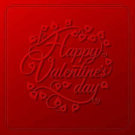 Happy Valentine's Day lettering Greeting Card on red background with hearts. Vector illustration.のイラスト素材