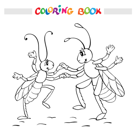 Coloring book or page. Two fanny bugs is dancing - vector illustration.のイラスト素材