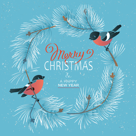 Christmas Poster . Vector illustration of Christmas Background with branches of christmas tree and two bullfinches .のイラスト素材