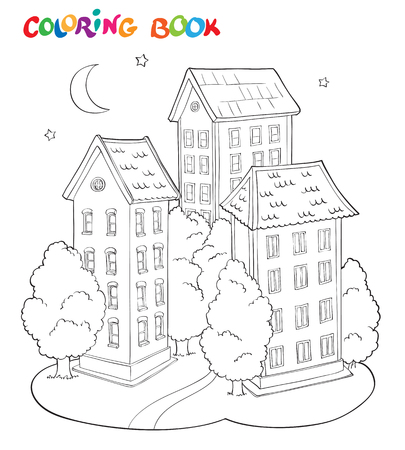 Coloring page book for kids - house with trees and moon. Vector illustration.のイラスト素材