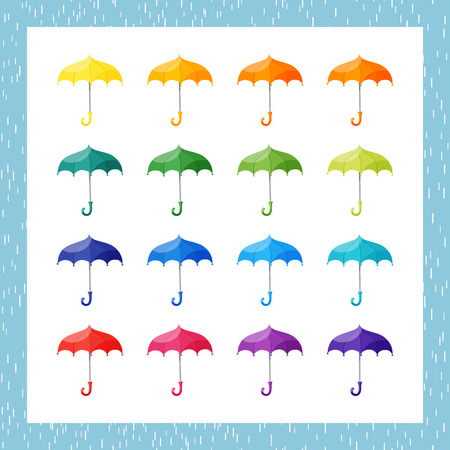 Set of multicolored umbrellas on white background. Vector seamless pattern with rain editable for your design.のイラスト素材