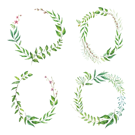 Floral frame collection. Set of cute retro leaf arranged in a shape of the wreath for wedding invitations and birthday cards.のイラスト素材