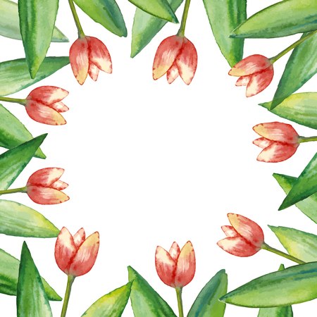 Vector Watercolor leaves, hand drawn frame of green leaves, floral illustration on white background with space for your text.のイラスト素材