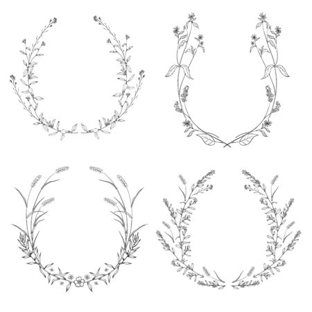 Floral black and white Frame Collection in line style.のイラスト素材