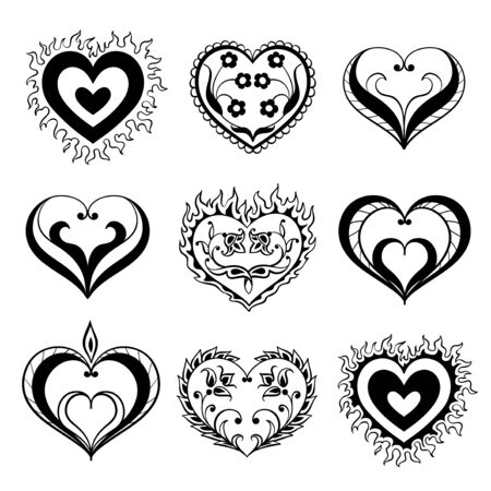 Vector set of black and white decorative hearts. Creative hand drawn hearts for card design, coversのイラスト素材