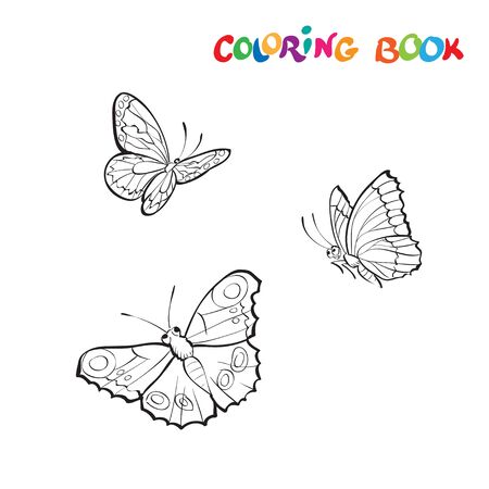 Vector illustration with three butterflies on a white background. Coloring pageのイラスト素材