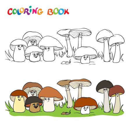 Coloring book or page with a group of funny mushrooms of different sizes.のイラスト素材