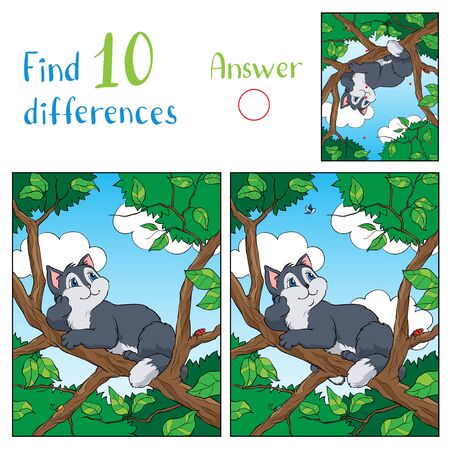Illustration with a gray funny cat sitting on a tree branch and looking at the sky.のイラスト素材