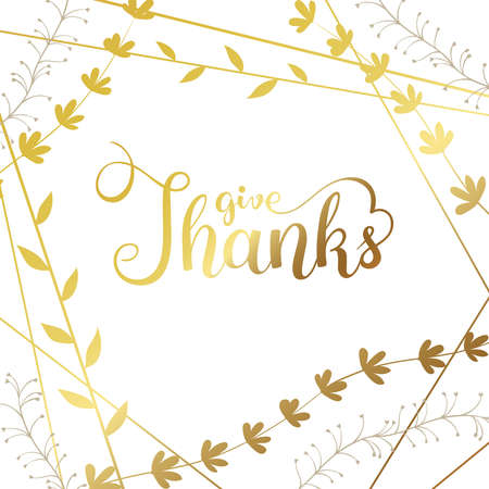 Give thanks text with golden leaves and lines isolated on white background. Autumn poster for greeting cards, invitations, quote and decorations.のイラスト素材