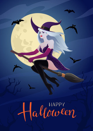 Halloween night background with Moon and white-head sexy witch on a broomstick. Vector poster illustration.のイラスト素材